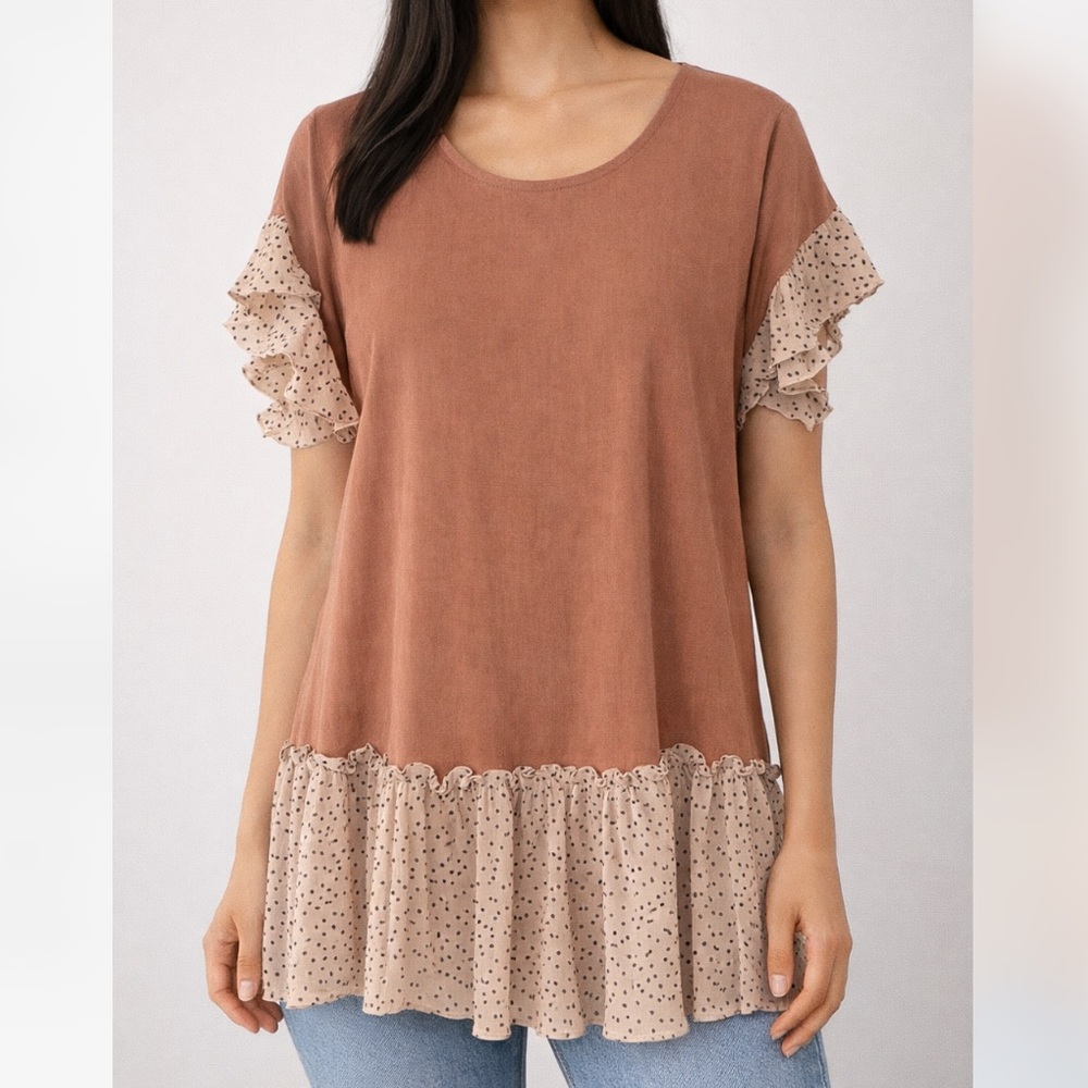 Umgee Rust Brown Top with Cream Polka Dot Ruffle Trim